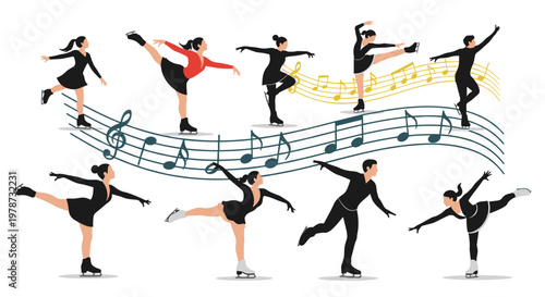 Artistic silhouettes of various figure skaters performing graceful moves on ice accompanied by colorful musical notes.