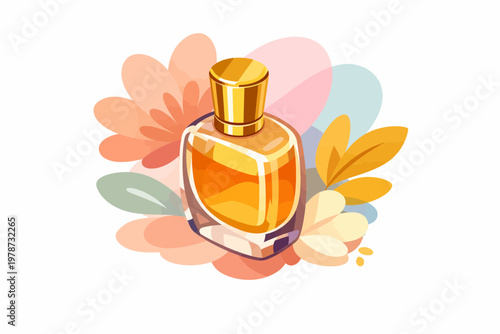 Elegant glass perfume bottle with golden cap on floral background