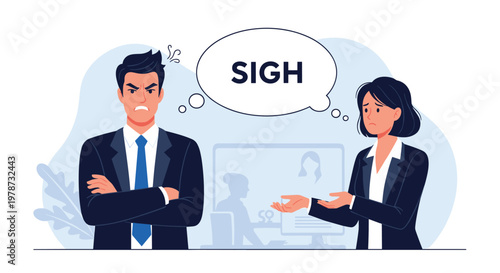 Angry businessman with crossed arms standing next to a frustrated woman sighing during a difficult workplace conversation.