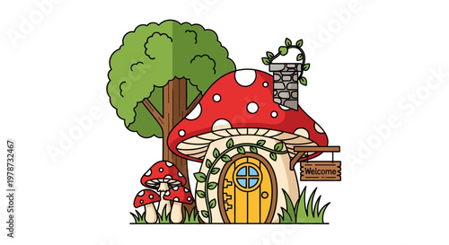 Whimsical mushroom house in forest landscape.