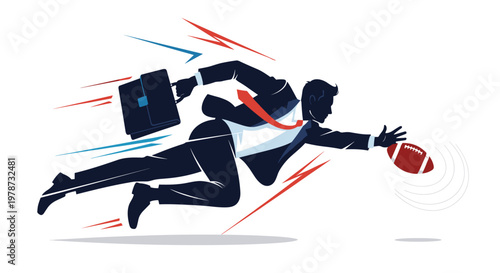 Motivated businessman in a suit and tie diving forward to catch an American football while carrying a professional briefcase.