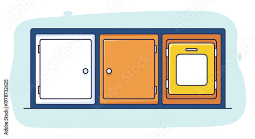 A top down illustration depicts three adjacent rectangular cabinets with differing color schemes