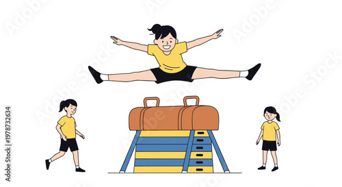 Young girls in school athletic uniforms practicing gymnastics and jumping over a vaulting box in a physical education class.