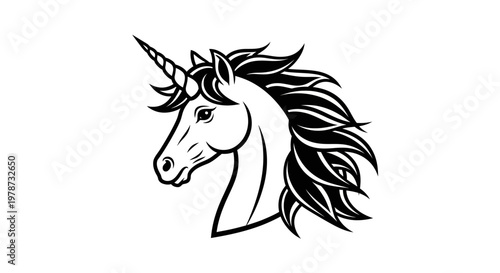 A black and white illustration of a unicorn.