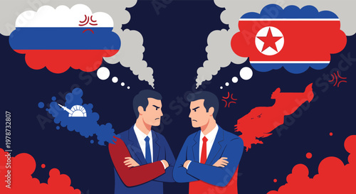Political figures representing Russia and North Korea face each other with expressions of intense anger and disagreement.