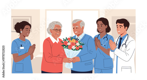 Medical team in blue scrubs and white coats applauding a happy elderly couple holding a colorful flower bouquet.