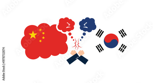 Illustration depicting political tension or disagreement between China and South Korea with flags and angry thought bubbles.