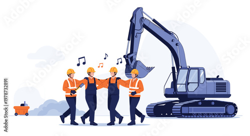 Group of construction workers in high-visibility uniforms and hard hats celebrating or dancing next to a large excavator.
