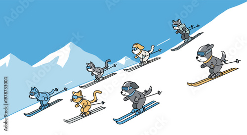 Energetic cats and dogs wearing goggles while skiing down a steep snowy mountain slope on a clear winter day.