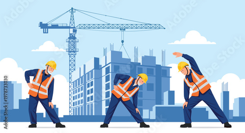 Team of construction workers in safety gear performing morning exercises at a building site with a large crane background.