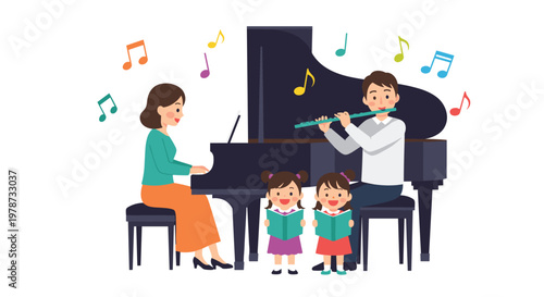 Happy family with twin girls singing together while the mother plays the piano and the father plays the flute.