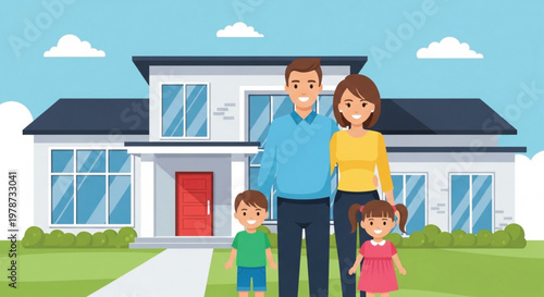 Happy family with mother, father, son, and daughter smiling and playing together in a beautiful home vector illustration
