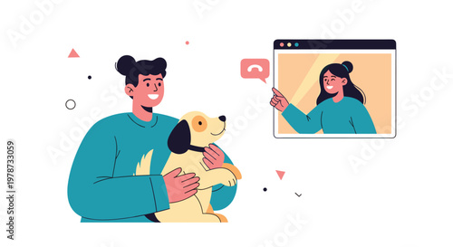 Young girl holding her pet dog while having a happy video call with a friend through a computer application.