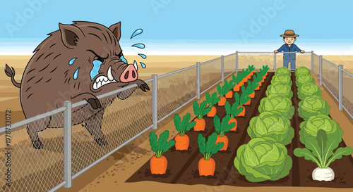 Hungry wild boar with tears in its eyes looks over a wire mesh fence at a farm garden full of fresh vegetables.