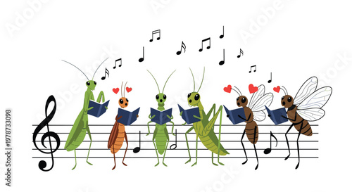 Whimsical illustration of various insects like grasshoppers and bees singing in a choir from books on musical lines.