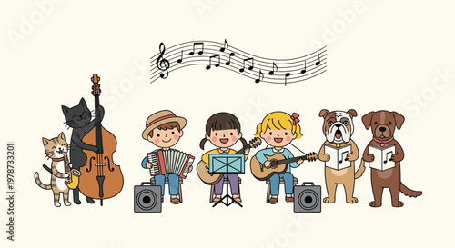 Creative group of children and their pet cats and dogs performing a musical concert together with various instruments.