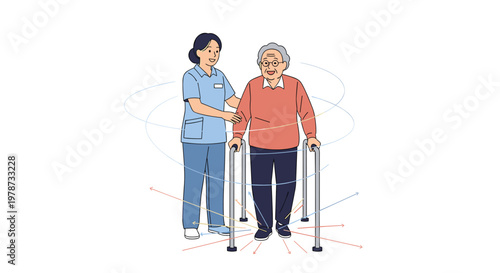 Supportive nurse assisting a senior man to walk with a medical walker while surrounded by illustrative motion lines.