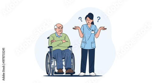 Confused female nurse shrugging her shoulders while an elderly man in a wheelchair looks grumpy with his arms crossed.