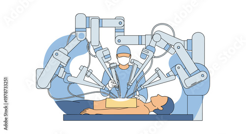 Skilled surgeon performing a complex medical operation on a patient in a theater using advanced robotic surgery equipment.