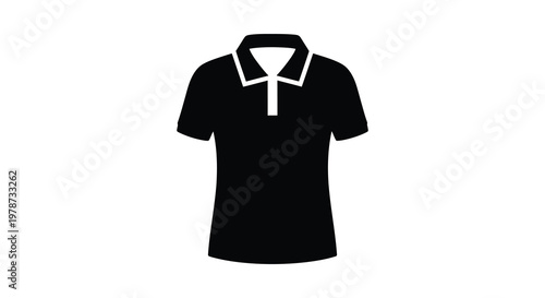 A simple black graphic depicts a short sleeved polo shirt with a classic collar presented as a silhouette