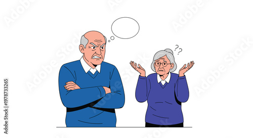 Elderly man looking angry with arms crossed while a confused senior woman shrugs with question marks above her head.
