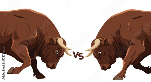 Two powerful brown bulls in a head to head confrontation for dominance with VS text in the center against a white backdrop.