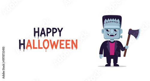 Spooky Frankenstein monster holding a large axe next to stylized Happy Halloween text with a dripping blood effect design.