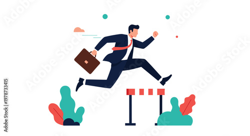 Professional businessman in a suit jumping over a red and white hurdle while carrying a briefcase on a clean background.