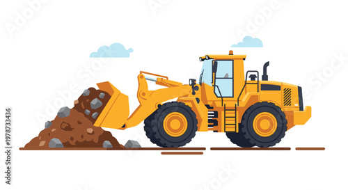 Heavy duty yellow wheel loader moving a large pile of rocks and earth on a construction site with clouds in the background.