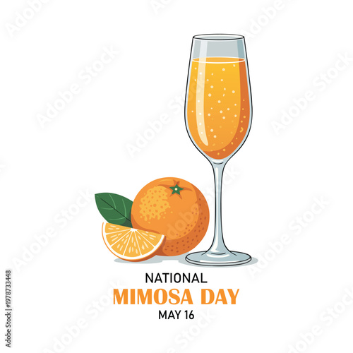 National Mimosa Day vector illustration. Mimosa cocktail with oranges icon set vector. Champagne flute with orange juice drawing. May 16 every year. Important day