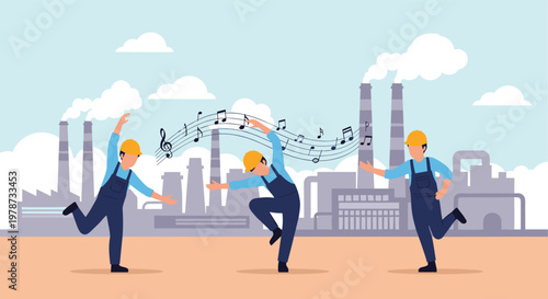 Three factory workers in blue overalls and yellow hard hats dancing joyfully in front of an industrial skyline with music.