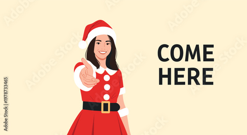 Attractive woman dressed as Santa Claus smiling and reaching out a hand with COME HERE text against a beige background.
