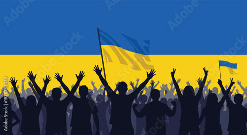 Crowds of people cheering with their arms raised in silhouette against a large blue and yellow flag of Ukraine background.