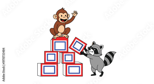 Playful monkey sitting on a stack of alphabet blocks while a raccoon adds a final piece to the colorful toy structure.
