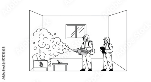 Two workers dressed in full protective suits use a specialized fogging machine to disinfect a room while holding a clipboard in a minimalist line drawing.