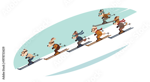 Group of cute dogs wearing goggles and scarves skiing fast down a snowy mountain slope under a bright blue sky background.