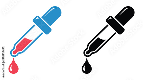 Two stylized droppers releasing red and black liquid drops, vector illustration representing digital eyedropper tools for color selection, sample picking, and design software applications.