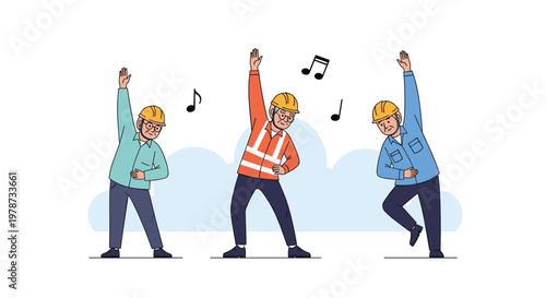 Group of construction workers in different uniforms and hard hats doing arm stretches with musical notes in the background.