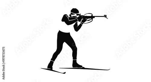 A biathlete in action aiming a rifle while cross country skiing presented as a striking silhouette high quality