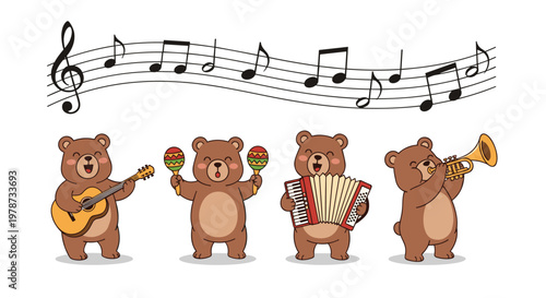 Four brown bears playing different musical instruments including guitar and trumpet with a staff of melody notes overhead.