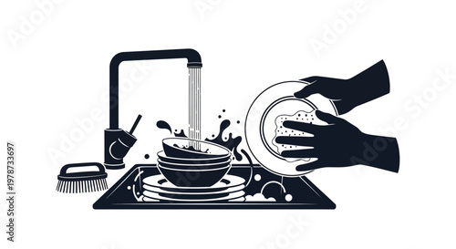 Washing dishes in a sink including a bowl and plate silhouette