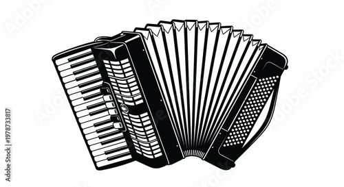 Detailed black and white illustration of an accordion a musical instrument silhouette