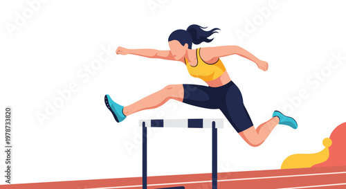 Determined female athlete in yellow top and black shorts clearing a hurdle during a track and field competition outdoors.