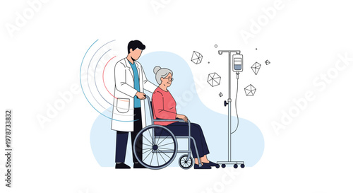 Professional doctor carefully pushes an elderly patient in a wheelchair through a modern medical facility providing dedicated healthcare and support.