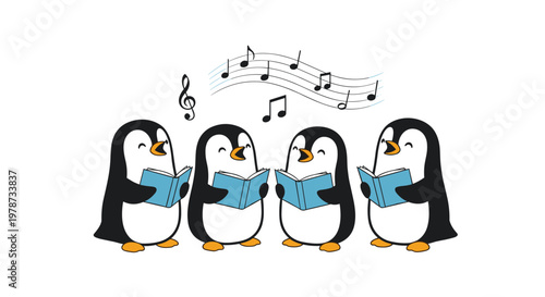 Group of four adorable penguins singing together from blue songbooks as musical notes float above them in a peaceful winter setting.