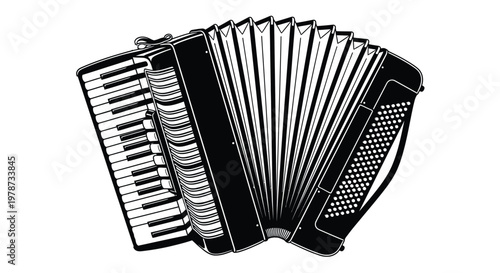 Detailed black and white illustration of a classic accordion instrument silhouette