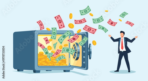 Excited businessman watches in amazement as banknotes and gold coins fly out of a massive open safe symbolizing financial wealth and success.