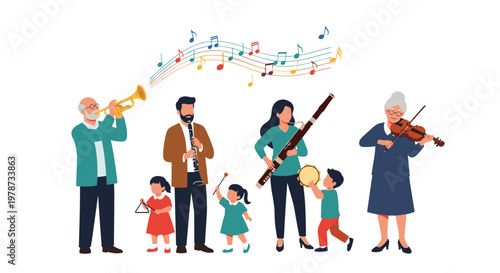 Multigenerational group of family members including children and seniors play various musical instruments together in a harmonious ensemble.