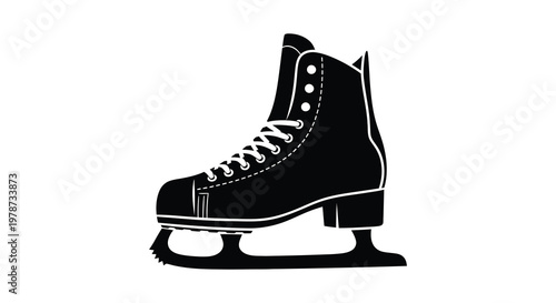 A striking black silhouette depicts a single ice skate with detailed lacing and a prominent blade silhouette