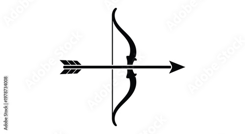 A stark black depiction of a traditional recurve bow and arrow presented against a white backdrop silhouette
